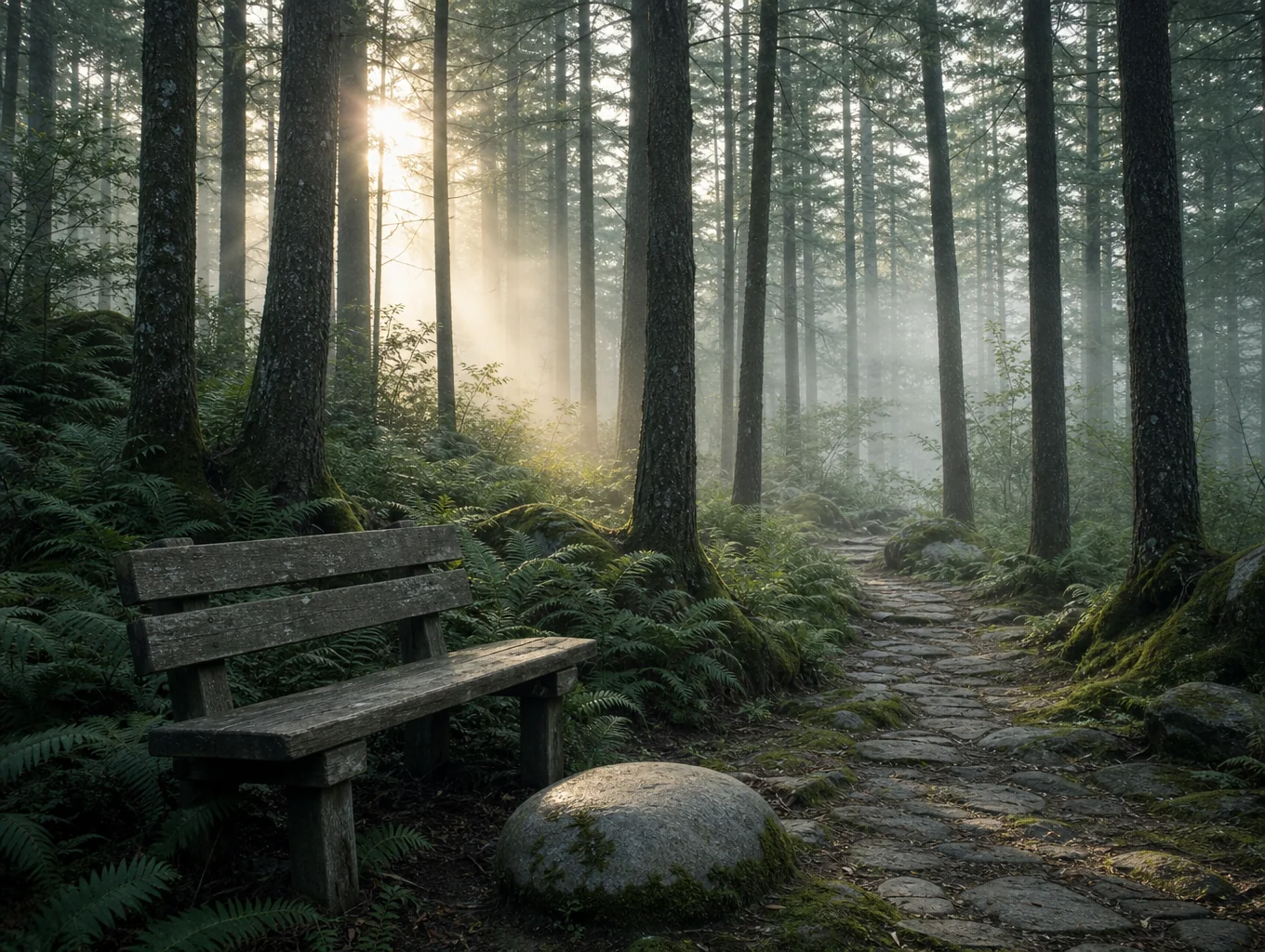 Serene sunlit morning path surrounded by warm foliage