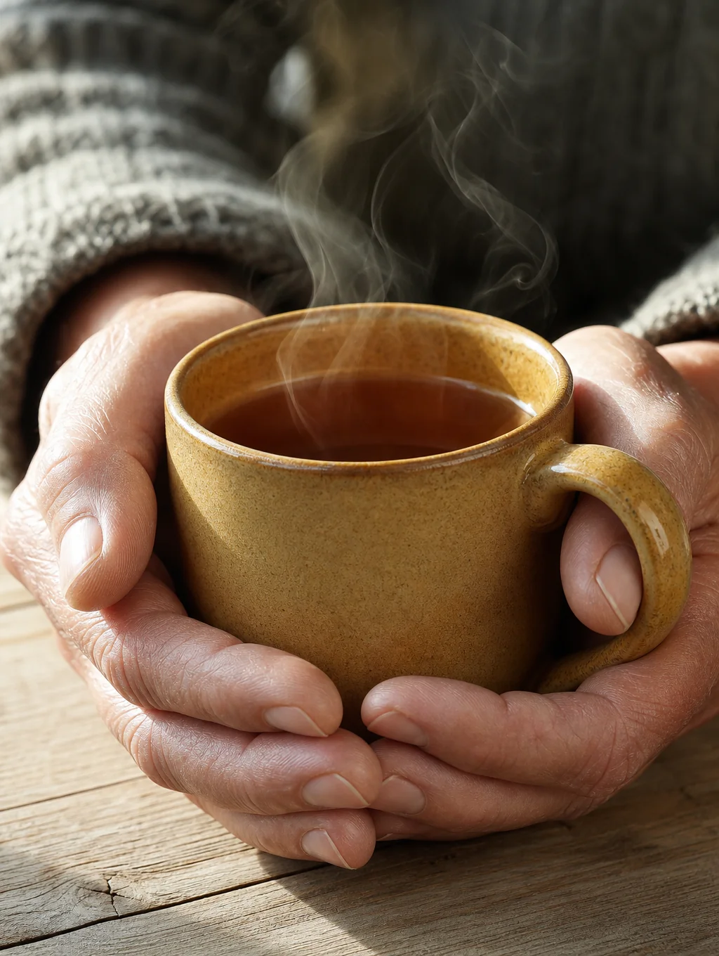 Hands holding a warm ceramic cup beside a sunlit window during morning reflection