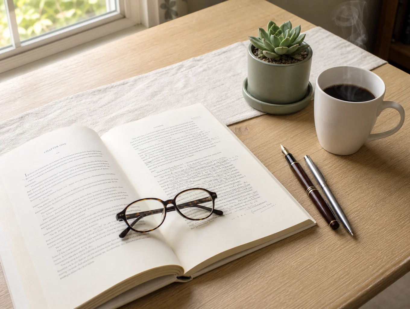 Warm oak desk with an open journal and a cup of tea in morning sunlight