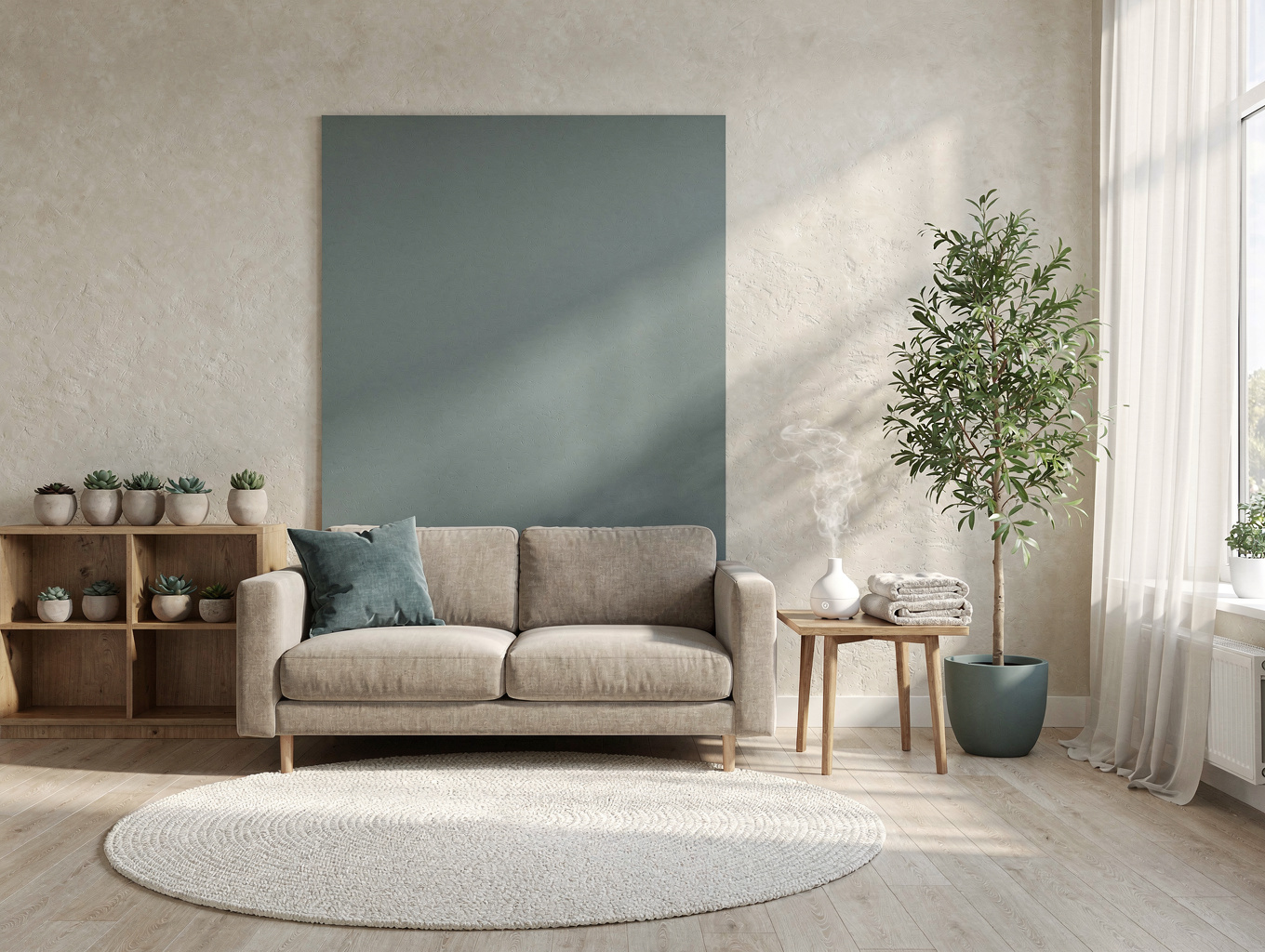 Quiet sunlit room with natural linen textures and green house plants